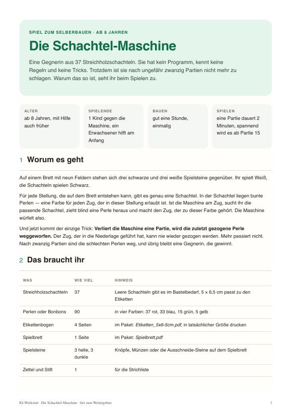 Titelseite der Spielanleitung: Die Schachtel-Maschine